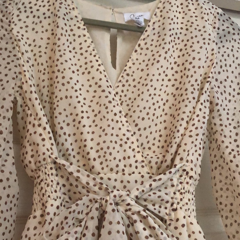 Polka Dot Wrap-Front Long Sleeve Dress in Beige - Picture 3 of 5